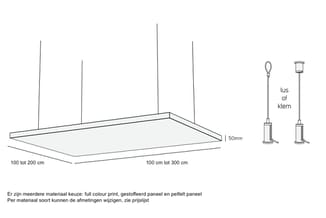 Akoestisch plafondpaneel met afmetingen 100-200 cm bij 100-300 cm, hoogte 50mm, inclusief montageklemmen.
