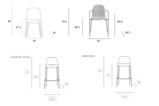 Technische tekeningen van stoelen en barkrukken met afmetingen: stoel (47,5 x 49 cm, hoogte 80 cm), ergonomische stoel (54 x