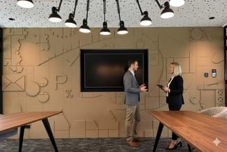 Moderne vergaderruimte met twee personen bij houten vergadertafel, beige wandpanelen met geometrische gravures, zwarte hangen