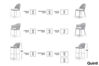 Quintti-stoelen in drie uitvoeringen met afmetingen: compacte stoel (52x62x83cm), fauteuilmodel (58x60x78cm) en barkruk (52x5