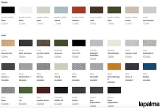 Kleurenpalette voor stoelframes en zittingen: poedercoatings (zwart, wit, perla, celeste, mattone, caffè, oliva, tortora) en