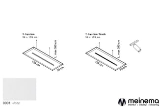 T-System en T-System Track, beiden 59x159 cm, witte systemen met sleuf en montageoptie. Maximale hoogte 390 cm.