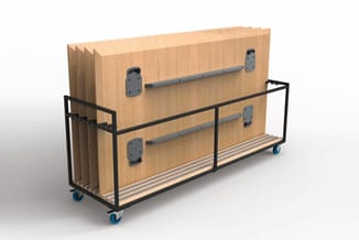 Houten kastenwagen op wielen met zwart stalen frame, twee deuren per laag en grijze handgrepen.
