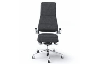 Ergonomische bureaustoel met grijze stof bekleding, verstelbare rugsteun en voetsteun, aluminium armleuningen en verchroomde