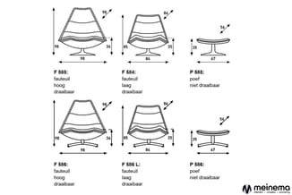 Technische tekeningen van zes fauteuil- en poeflmodellen (F 585, F 584, P 585, F 586, F 586 L, P 586) met afmetingen in centi