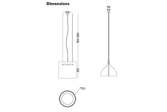 Technische tekeningen van hangende verlichting met afmetingen: cilindervormig basiselement (35 x 40 cm), twee hanglampen met