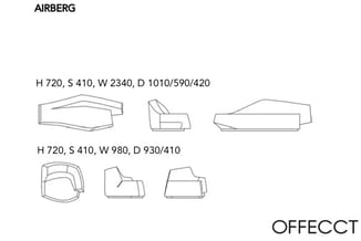 AIRBERG fauteuilontwerpen in verschillende maten en hoeken, getekend in grijs lijnenwerk met afmetingen.