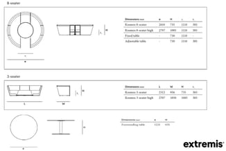 Extremis Kosmos vergadertafels: 8-zitter rond (ø2610mm), 3-zitter rechthoekig (L2512mm) en vrijstaande tafel met afmetingen e