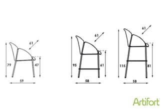 Drie technische tekeningen van stapelbare kantoorstoel Artifact in verschillende afmetingen (59x47x79 cm, 58x41x95 cm, 58x81x