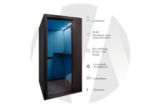 Akoestische telefooncabine met donkerbruin frame, blauwe binnenwanden, LED-verlichting, gemaakt uit gerecycled ocean plastic,