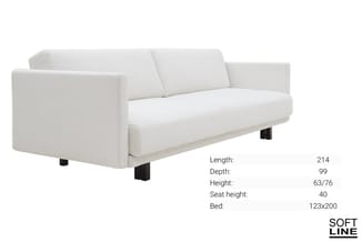 Witte loungebank met uitschuifbare bedbodem, zwarte poten, 214cm lang, 99cm diep, zithoogte 40cm. Softline.
