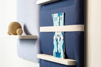 Wandmontage met blauwe akoestische paneelbekleding, witte houten legplanken met boeken en decoratieve objecten.