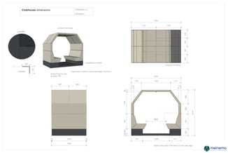 Technische tekening clubhouse met afmetingen: grondplan, zijaanzicht en details. Trapeziumvorm met zwart stalen L-profiel, be