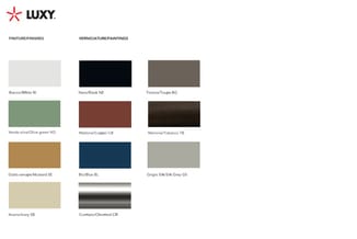 LUXY afwerkingen en verfkleurstalen: Bianco White, Nero Black, Tortora Taupe, Verde Olive Green, Mattone Copper, Marrone Toba