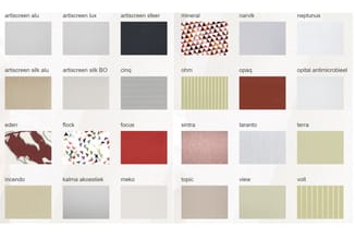 Kleurenstalen voor interieurafwerkingen: artiscreen, mineral, narvik, neptunus, cinq, ohm, opaq, opital antimicrobieel, eden,