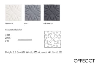 Modulaire zitbank met grafisch patroon in drie kleuren: offwhite, grijs en antraciet. Afmetingen H585 x B585 x D60 mm. Techni