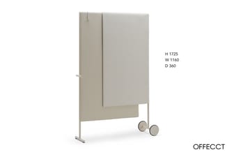 Beige akoestische scheidingswand op wielen met afmetingen H1725 W1160 D360, twee panelen, kantoorgebruik.