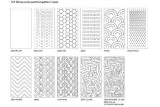 Overzicht van 11 PET vilt akoestische scheidingswanden met verschillende patroontypen: plain, dot, hex, ribs, flow, disco, gr