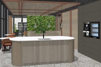 Modern kantoor met halfrond eiland in beige hout met wit blad, zwarte koffiemachine, hangende lampen, groene plantenmuur en b