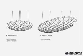 Cloud Rond en Cloud Ovaal hangende akoestische elementen in tekenweergave met beschikbare afmetingen.