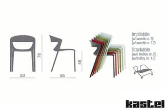 Kastel stoel technische tekening: armstoel 53x76cm, zijstoel 55x46cm, stapelbare uitvoering in meerdere kleuren, trolley besc