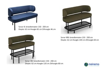 Drie Sonar banken in blauwe en olijfgroene stof met zwart metalen frame, verschillende hoogtes en dieptes weergegeven.