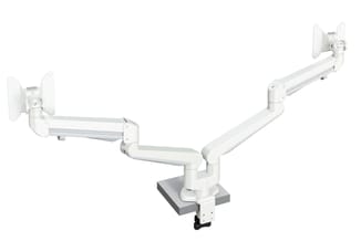 Wit dubbel monitorarm met kleminrichting, verstelbaar, bureaumontage.