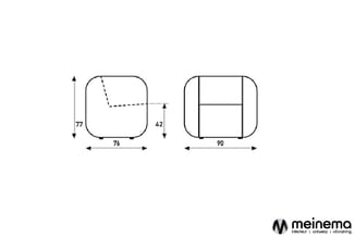 Technische tekening van twee aanzichten van een compact loungebank: links frontaanzicht (76×77 cm) met afgeronde hoeken, rech