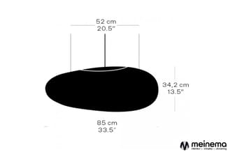 Zwarte hangende akoestische scherm, bovenaanzicht met afmetingen: 85 cm breed, 52 cm diep, 34,2 cm hoogte.