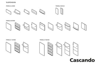 Suspension-panelen in verschillende afmetingen (40x80, 80x40, 80x80, 120x80, 160x80) met diverse ophangingsvarianten, geprodu