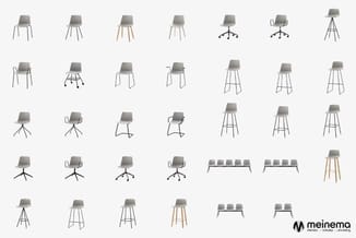 Collectie grijze stoelen en barkrukken in verschillende uitvoeringen: vierpotigs, draaibasis, kunststof en houten poten, enke