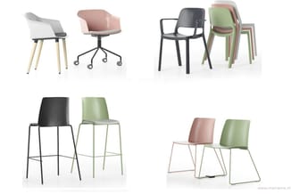 Collectie moderne stoelen in verschillende stijlen: draaistoelen, stapelbare stoelen, barstoelen en klaptoelen in zwart, grij