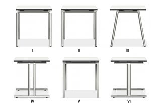 Zes tafelontwerpen met zwart blad: I-II buisvormig onderstel, III trapeziumvormig onderstel, IV dubbel T-onderstel, V rechtho