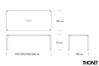 Technische tekening van een rechthoekige tafel met afmetingen: blad 100/200/220/240 cm breed en 100 cm diep, poten hoogte 75