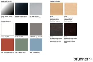 Kleurenpalette met coating kleuren (chroom, zwart mat, aluminium zilver), houtsoorten (beuk natuurlijk, beuk licht gebeitst,