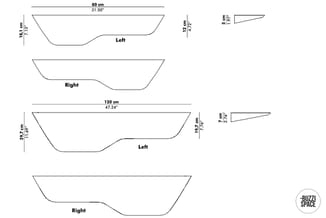 Technische tekeningen van twee vergadertafels in verschillende maten (80cm en 120cm breed) met links- en rechtsvarianten, inc