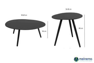 Twee zwarte ronde bijzettafels: links 90Ø cm hoogte 36 cm, rechts 50Ø cm hoogte 48 cm, beide met poten.