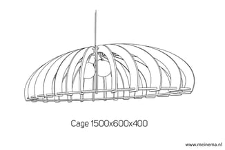 Technische tekening van een hangende kooi met ribbenstructuur, afmetingen 1500x600x400mm.