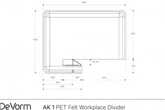 AK1PET Felt Workplace Divider technische tekening met afmetingen: 830mm breed, 630mm hoog, met werkbladopening 440mm breed en
