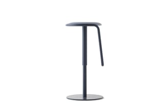 Zwarte staande bartafel met rond blad en centrale voet, minimalistisch design.
