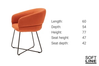 Oranje stof fauteuil met zwart metalen poten. Afmetingen: lengte 60cm, diepte 54cm, hoogte 77cm, zithoogte 47cm, zitdiepte 42