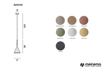 Aplomb hanglamp met kegelvoet, 310mm hoogte, 36mm diameter, 17mm voet. Beschikbaar in 7 kleuren: Grigio Cemento, Bruin Marron