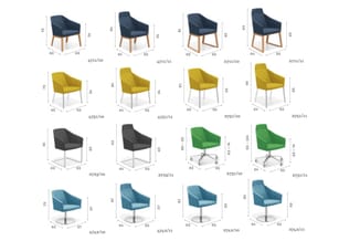 Overzicht van 16 fauteuils in verschillende kleuren (donkerblauw, geel, zwart, groen, turquoise) met hout-, metaal- of wielpo
