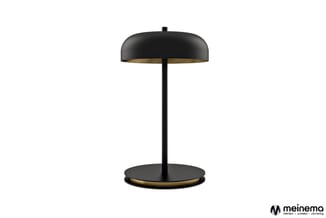 Zwarte tafellampen met goudkleurig accent, ronde voet en koepelvormige kap, minimalistisch design.