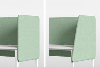 Groene akoestische schermen aan zijkant bureau, twee posities getoond, stofafwerking, modulair opgesteld.