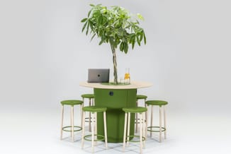 Ronde houten tafel met groen centrale zuil, omgeven door zes groene barkrukken met natuurlijke poten. Opgegroeide boom boveno