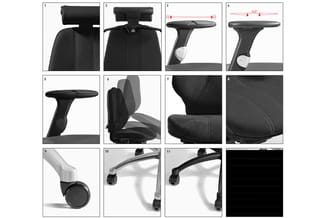 Bureausstoel met zwart leder, ergonomische rugleuning, verstelbare armleuningen, zitdiepte en hoogte, wielen en gasveer - det