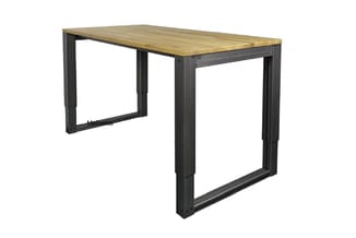 Rechthoekige vergadertafel met natuurlijk houten blad en zwart stalen frameonderstel.