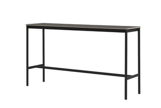 Hoog bureau met zwart stalen frame en donkergrijs blad, open constructie met voetsteun.