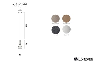 Aplomb mini hanglamp met dimensies: 12cm voet, 20cm stang, 330cm totaal. Vier kleuropties: Grigio Cemento, Bruin Marrone, Ant